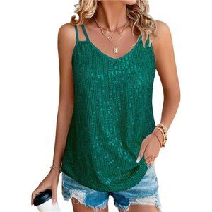 Womens Sequin Tops V Neck Tank Tops Green